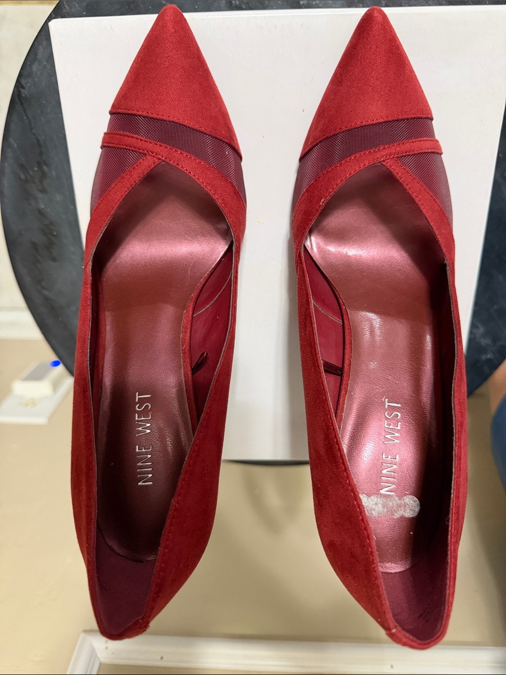 Nine West Red Pointed-Toe Suede Pumps with Mesh Detail